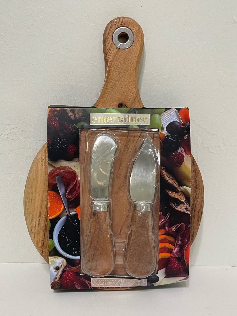 Entertainer Acacia Wood Cheese Board Knife Set Spade & Spreader 7" Wide NEW